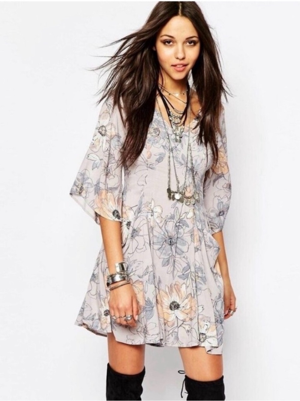 Free People Dusty Purple Bell Sleeve Mini Dress 6 Boho Floral Feminine